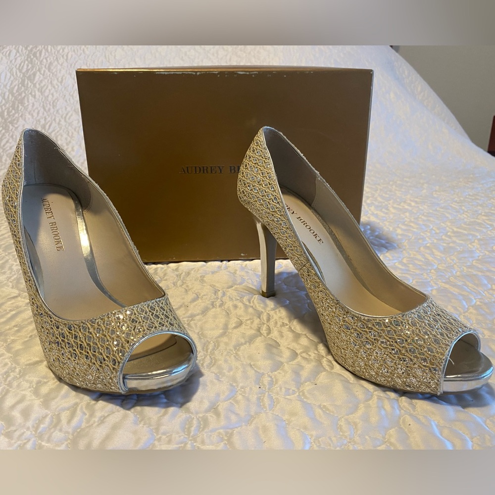 Audrey Brooke Silver Peep-Toe Heels. Size 9W in good condition. 4in heel